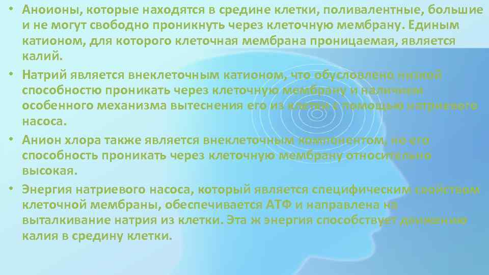  • Аноионы, которые находятся в средине клетки, поливалентные, большие и не могут свободно