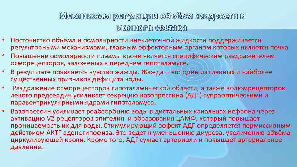 Механизмы регуляции объёма жидкости и ионного состава • Постоянство объёма и осмолярности внеклеточной жидкости