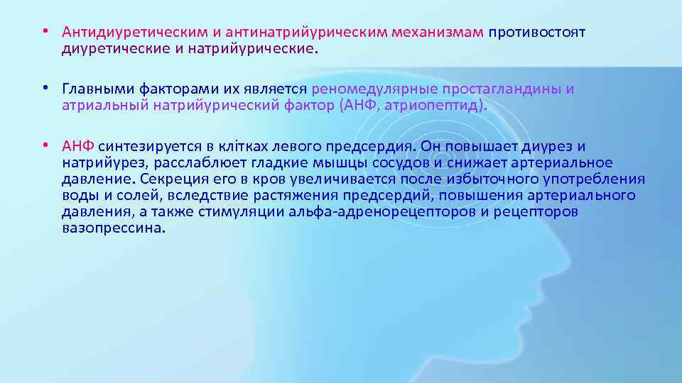  • Антидиуретическим и антинатрийурическим механизмам противостоят диуретические и натрийурические. • Главными факторами их