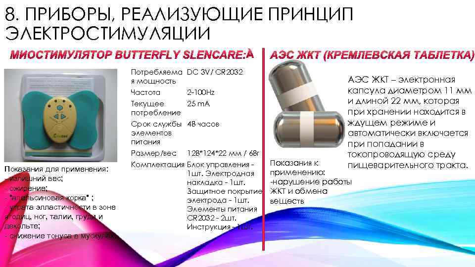 8. ПРИБОРЫ, РЕАЛИЗУЮЩИЕ ПРИНЦИП ЭЛЕКТРОСТИМУЛЯЦИИ Потребляема DC 3 V/ CR 2032 я мощность Частота