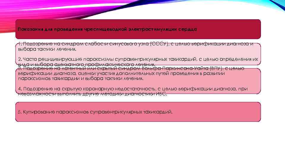 Показания для проведения чреспищеводной электростимуляции сердца 1. Подозрение на синдром слабости синусового узла (СССУ),