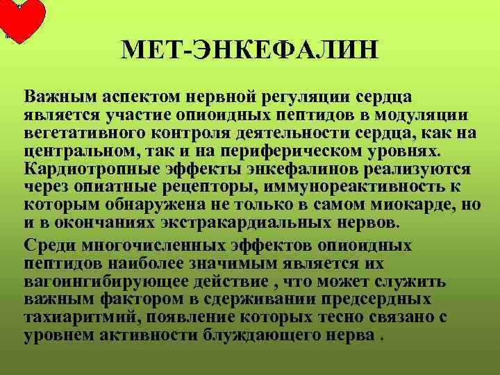 РКНПК Москва МЕТ-ЭНКЕФАЛИН Важным аспектом нервной регуляции сердца является участие опиоидных пептидов в модуляции