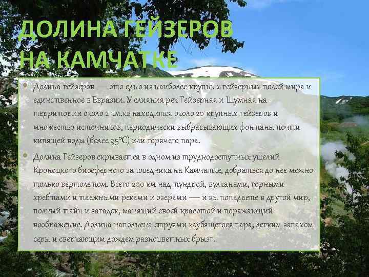 ДОЛИНА ГЕЙЗЕРОВ НА КАМЧАТКЕ Долина гейзеров — это одно из наиболее крупных гейзерных полей