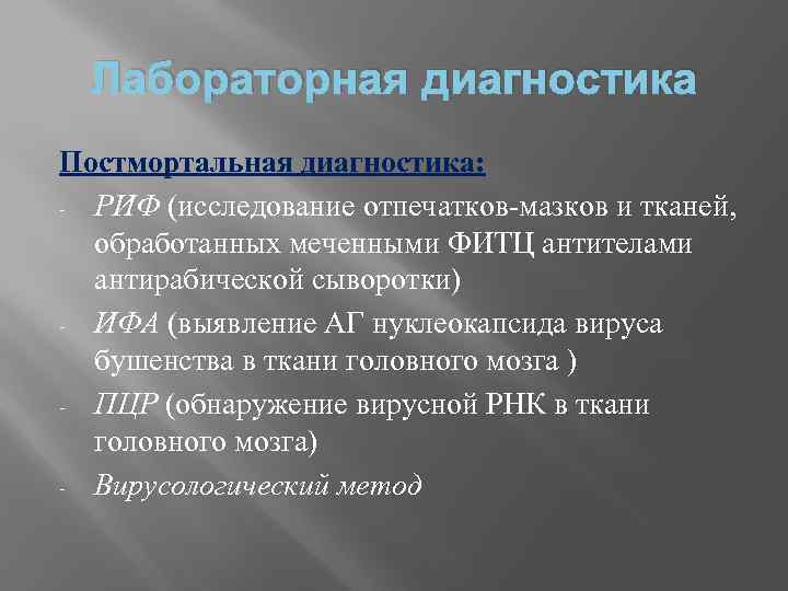 Лабораторная диагностика Постмортальная диагностика: - РИФ (исследование отпечатков-мазков и тканей, обработанных меченными ФИТЦ антителами