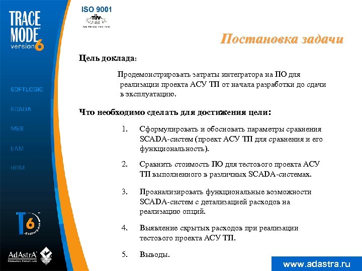 Постановка задачи Цель доклада: Продемонстрировать затраты интегратора на ПО для реализации проекта АСУ ТП