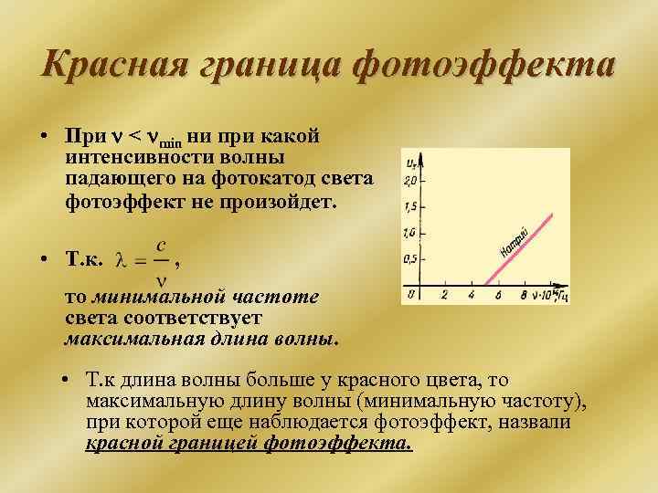 Красная граница фотоэффекта • При < min ни при какой интенсивности волны падающего на