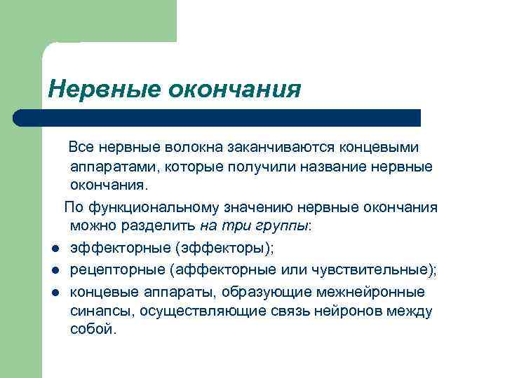 Нервные окончания Все нервные волокна заканчиваются концевыми аппаратами, которые получили название нервные окончания. По