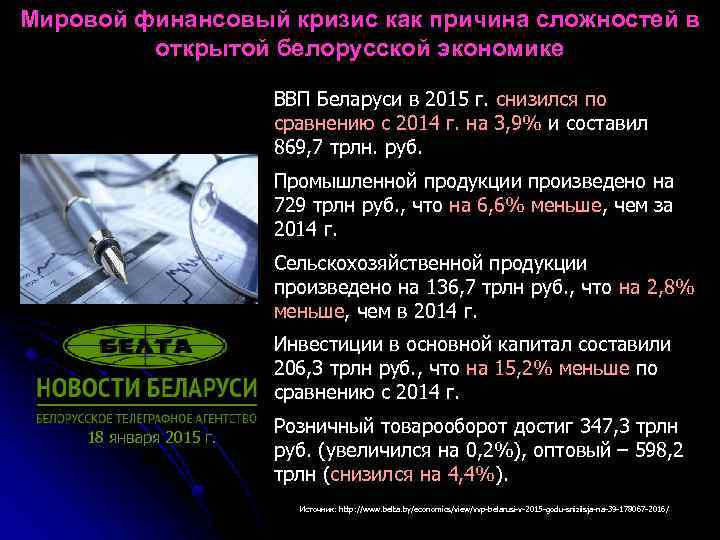 Мировой финансовый кризис как причина сложностей в открытой белорусской экономике ВВП Беларуси в 2015