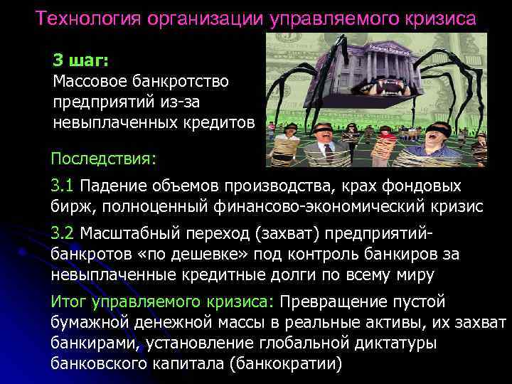 Технология организации управляемого кризиса 3 шаг: Массовое банкротство предприятий из-за невыплаченных кредитов Последствия: 3.