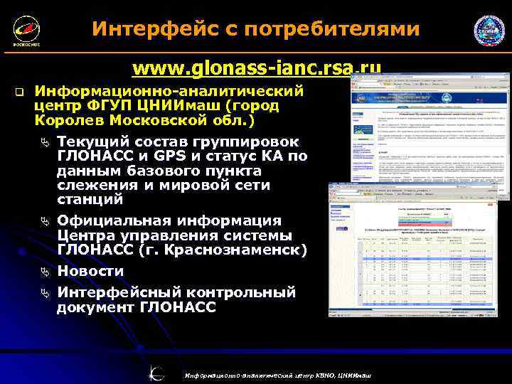 Интерфейс с потребителями www. glonass-ianc. rsa. ru q Информационно-аналитический центр ФГУП ЦНИИмаш (город Королев
