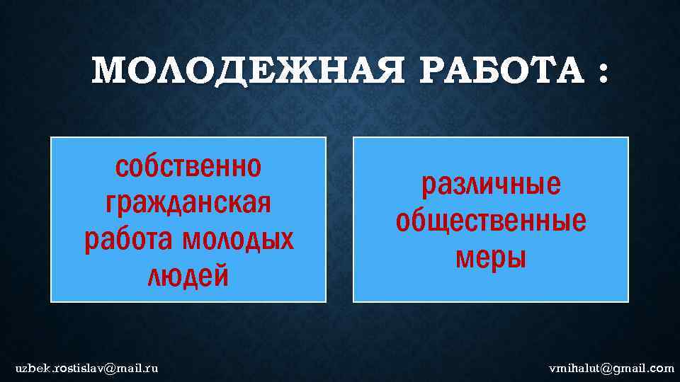 МОЛОДЕЖНАЯ РАБОТА : собственно гражданская работа молодых людей uzbek. rostislav@mail. ru различные общественные меры