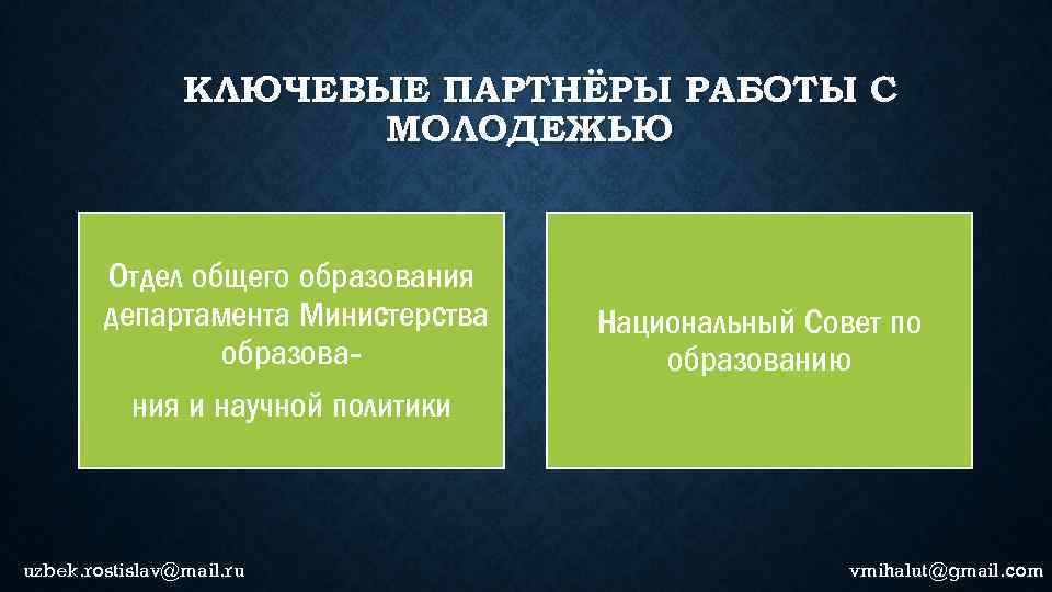 КЛЮЧЕВЫЕ ПАРТНЁРЫ РАБОТЫ С МОЛОДЕЖЬЮ Отдел общего образования департамента Министерства образова- Национальный Совет по