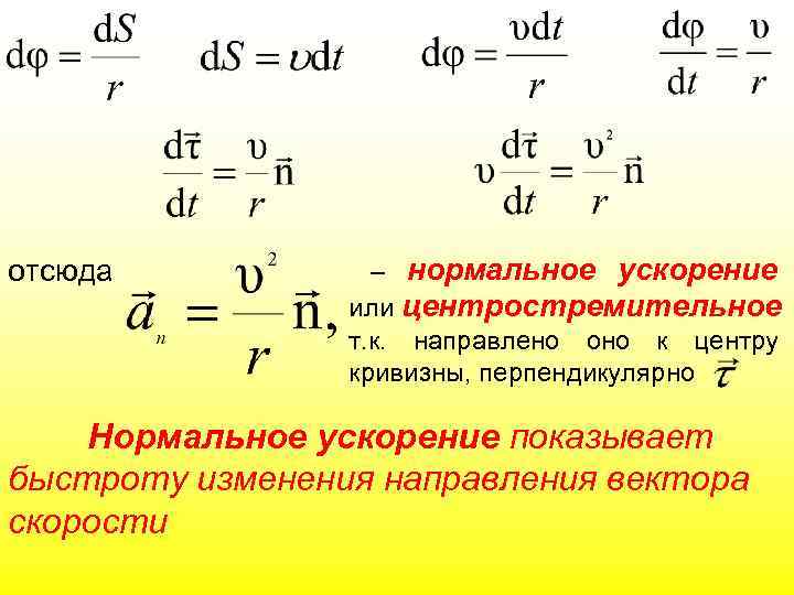 отсюда – нормальное ускорение или центростремительное т. к. направлено оно к центру кривизны, перпендикулярно