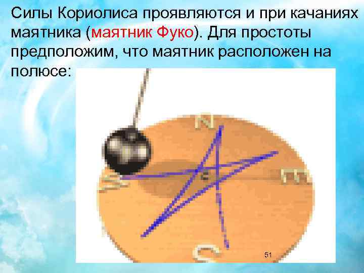 Силы Кориолиса проявляются и при качаниях маятника (маятник Фуко). Для простоты предположим, что маятник