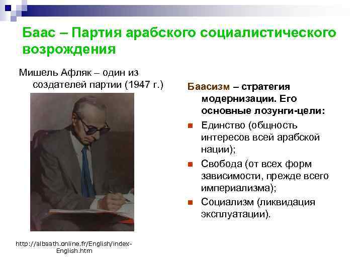 Баас – Партия арабского социалистического возрождения Мишель Афляк – один из создателей партии (1947