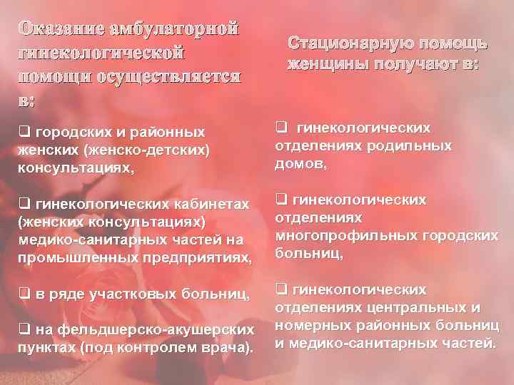 Оказание амбулаторной гинекологической помощи осуществляется в: Стационарную помощь женщины получают в: q городских и
