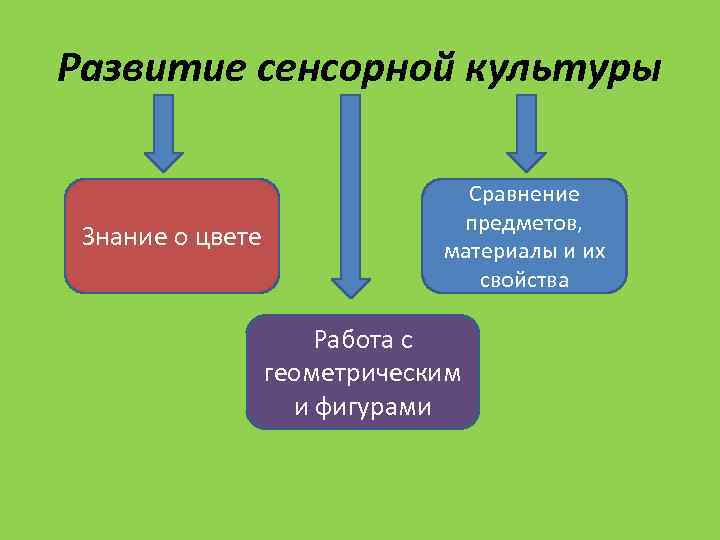 Развитие сенсорной культуры Знание о цвете Сравнение предметов, материалы и их свойства Работа с