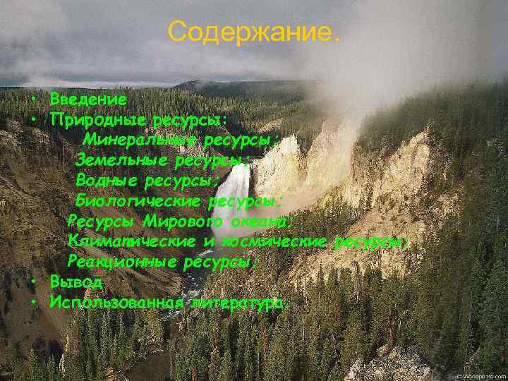 Содержание. • Введение • Природные ресурсы: Минеральные ресурсы; Земельные ресурсы; Водные ресурсы; Биологические ресурсы;