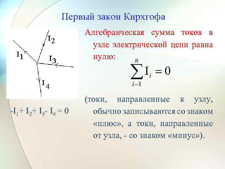 Первый закон Кирхгофа Алгебраическая сумма токов в узле электрической цепи равна нулю: -I 1+