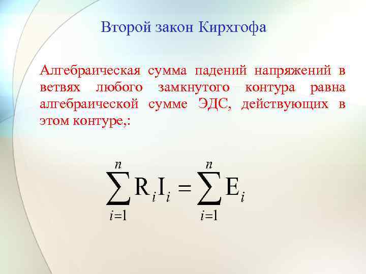 Второй закон Кирхгофа Алгебраическая сумма падений напряжений в ветвях любого замкнутого контура равна алгебраической