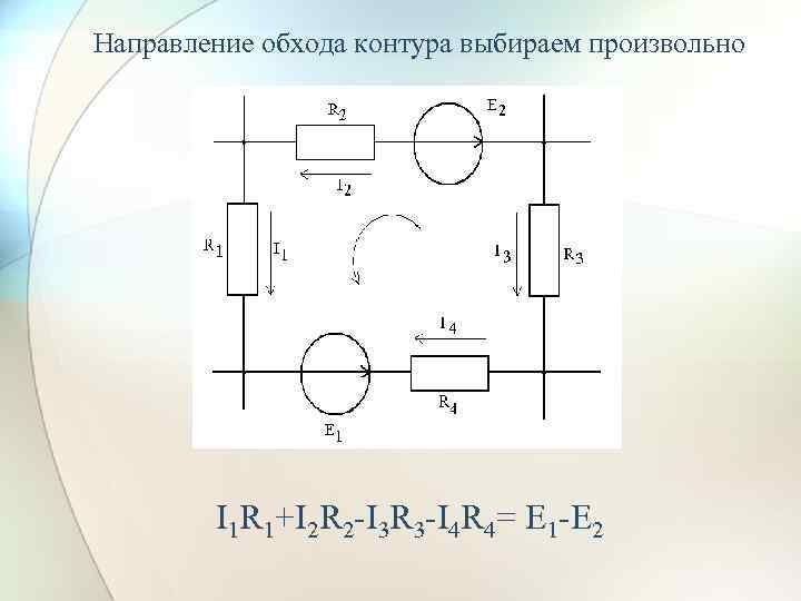 Направление обхода контура выбираем произвольно I 1 R 1+I 2 R 2 -I 3
