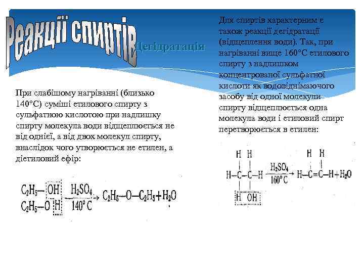 Дегідратація При слабішому нагріванні (близько 140°С) суміші етилового спирту з сульфатною кислотою при надлишку