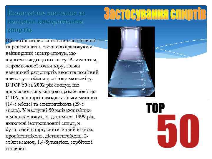 Економічне значення та напрями використання спиртів Області використання спиртів численні та різноманітні, особливо враховуючи