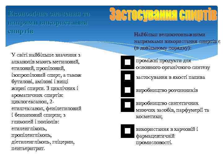 Економічне значення та напрями використання спиртів У світі найбільше значення з алканолів мають метиловий,