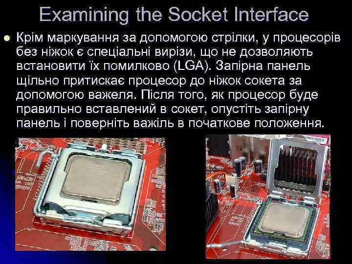 Examining the Socket Interface l Крім маркування за допомогою стрілки, у процесорів без ніжок