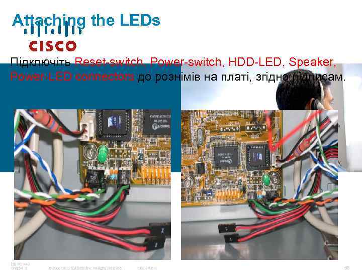 Attaching the LEDs Підключіть Reset-switch, Power-switch, HDD-LED, Speaker, Power-LED connectors до рознімів на платі,