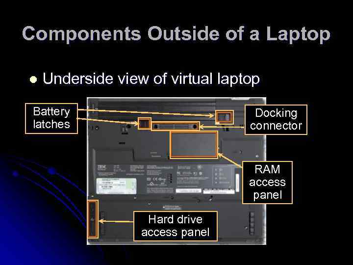 Components Outside of a Laptop l Underside view of virtual laptop Battery latches Docking