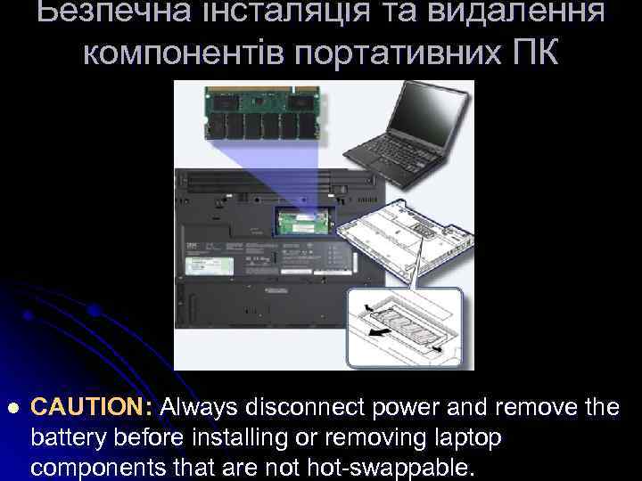 Безпечна інсталяція та видалення компонентів портативних ПК l CAUTION: Always disconnect power and remove