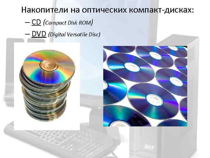 Накопители на оптических компакт-дисках: – CD (Compact Disk ROM) – DVD (Digital Versatile Disc)