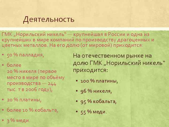 Деятельность ГМК „Норильский никель“ — крупнейшая в России и одна из крупнейших в мире