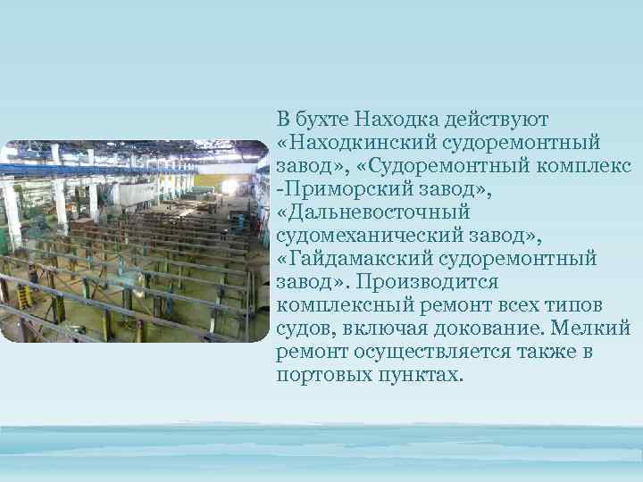 В бухте Находка действуют «Находкинский судоремонтный завод» , «Судоремонтный комплекс -Приморский завод» , «Дальневосточный