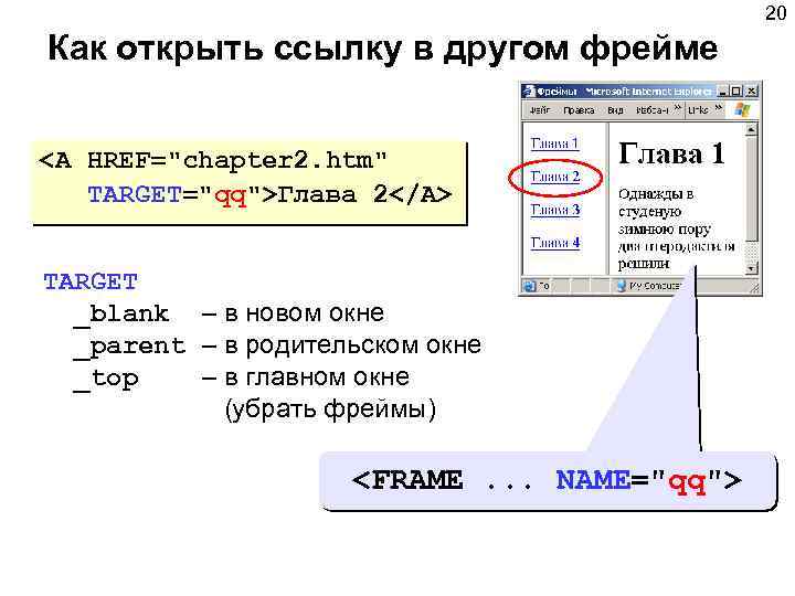 20 Как открыть ссылку в другом фрейме <A HREF="chapter 2. htm" TARGET="qq">Глава 2</A> TARGET