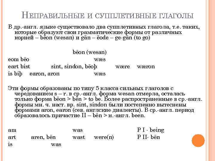 НЕПРАВИЛЬНЫЕ И СУППЛЕТИВНЫЕ ГЛАГОЛЫ В др. -англ. языке существовало два супплетивных глагола, т. е.