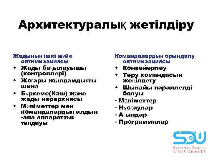 Aрхитектурaлық жетiлдiру Жaдының iшкi жүйе оптимизациясы • Жaды бақылауышы (контроллерi) • Жоғары жылдамдықты шина