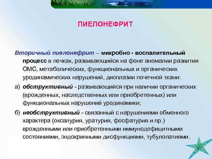 ПИЕЛОНЕФРИТ Вторичный пиелонефрит – микробно - воспалительный процесс в почках, развивающийся на фоне аномалии