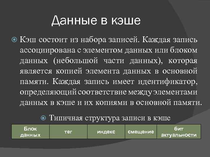 Данные в кэше Кэш состоит из набора записей. Каждая запись ассоциирована с элементом данных