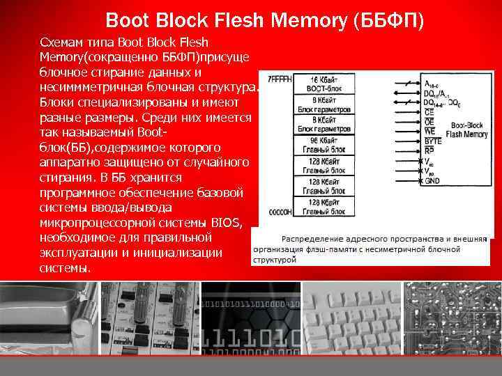Boot Block Flesh Memory (ББФП) Схемам типа Boot Block Flesh Memory(сокращенно ББФП)присуще блочное стирание