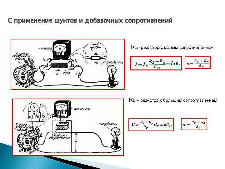 С применение шунтов и добавочных сопротивлений Rш - резистор с малым сопротивлением Rд –