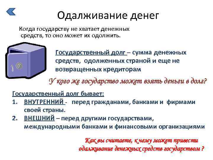 Одалживание денег Когда государству не хватает денежных средств, то оно может их одолжить. Государственный