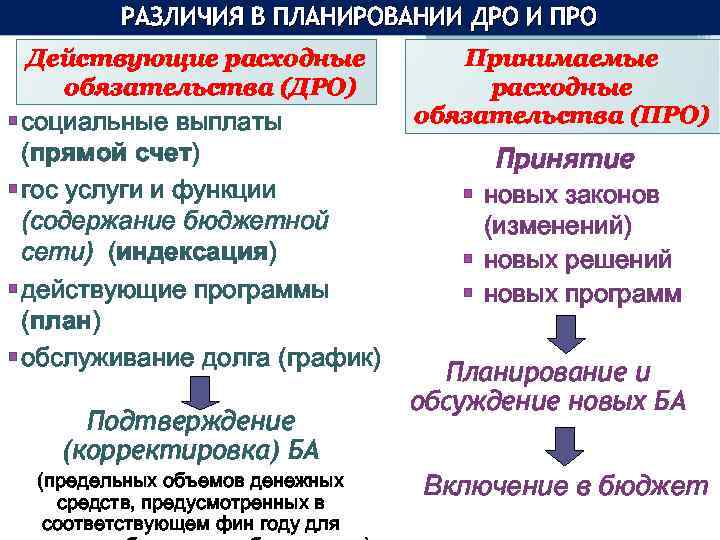 РАЗЛИЧИЯ В ПЛАНИРОВАНИИ ДРО И ПРО Действующие расходные обязательства (ДРО) § социальные выплаты (прямой