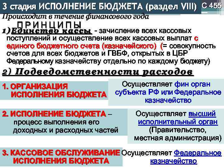 3 стадия ИСПОЛНЕНИЕ БЮДЖЕТА (раздел VIII) С 455 Происходит в течение финансового года ПРИНЦИПЫ