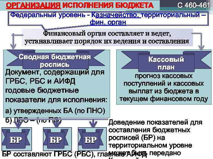 ОРГАНИЗАЦИЯ ИСПОЛНЕНИЯ БЮДЖЕТА С 460 -461 Федеральный уровень - Казначейство, территориальный – фин. орган