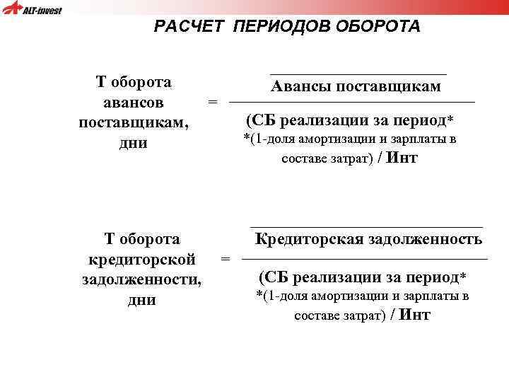 РАСЧЕТ ПЕРИОДОВ ОБОРОТА Т оборота = авансов поставщикам, дни Т оборота кредиторской = задолженности,