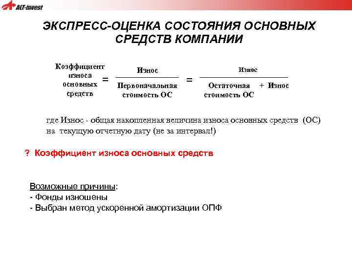 ЭКСПРЕСС-ОЦЕНКА СОСТОЯНИЯ ОСНОВНЫХ СРЕДСТВ КОМПАНИИ Коэффициент износа основных = средств Износ Первоначальная стоимость ОС