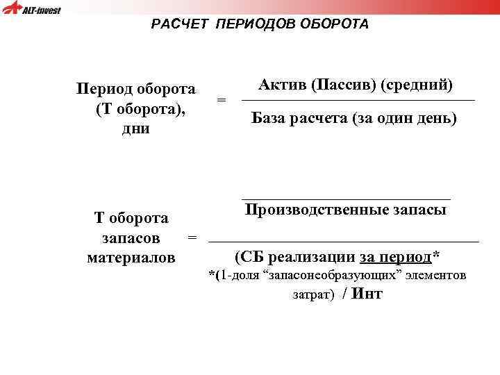 РАСЧЕТ ПЕРИОДОВ ОБОРОТА Период оборота Актив (Пассив) (средний) = (T оборота), База расчета (за