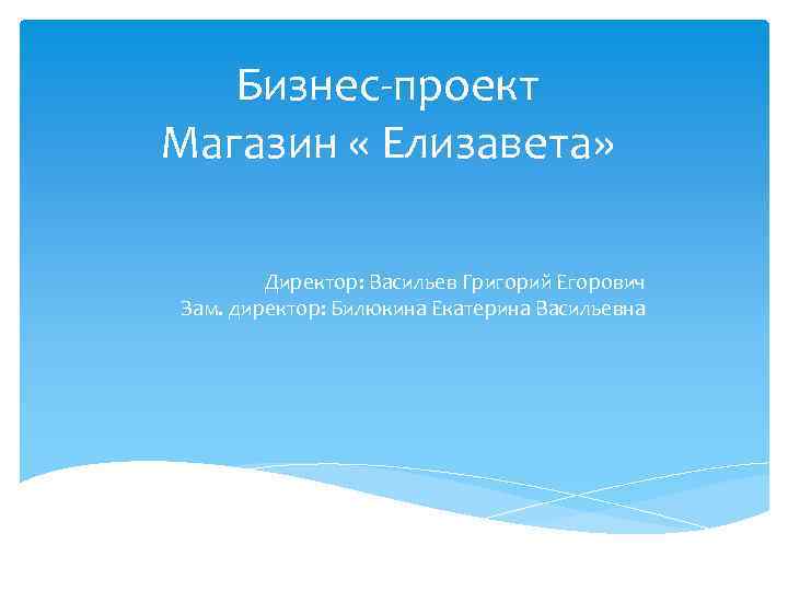 Бизнес-проект Магазин « Елизавета» Директор: Васильев Григорий Егорович Зам. директор: Билюкина Екатерина Васильевна 